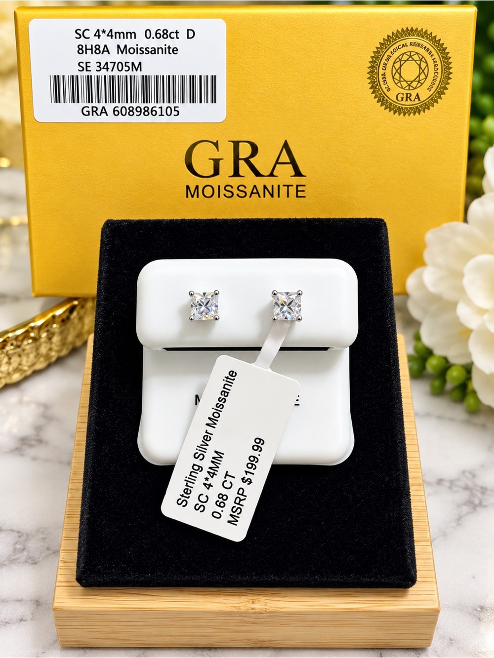 Sterling silver and moissanite square stud earrings $200 retail with GRA
